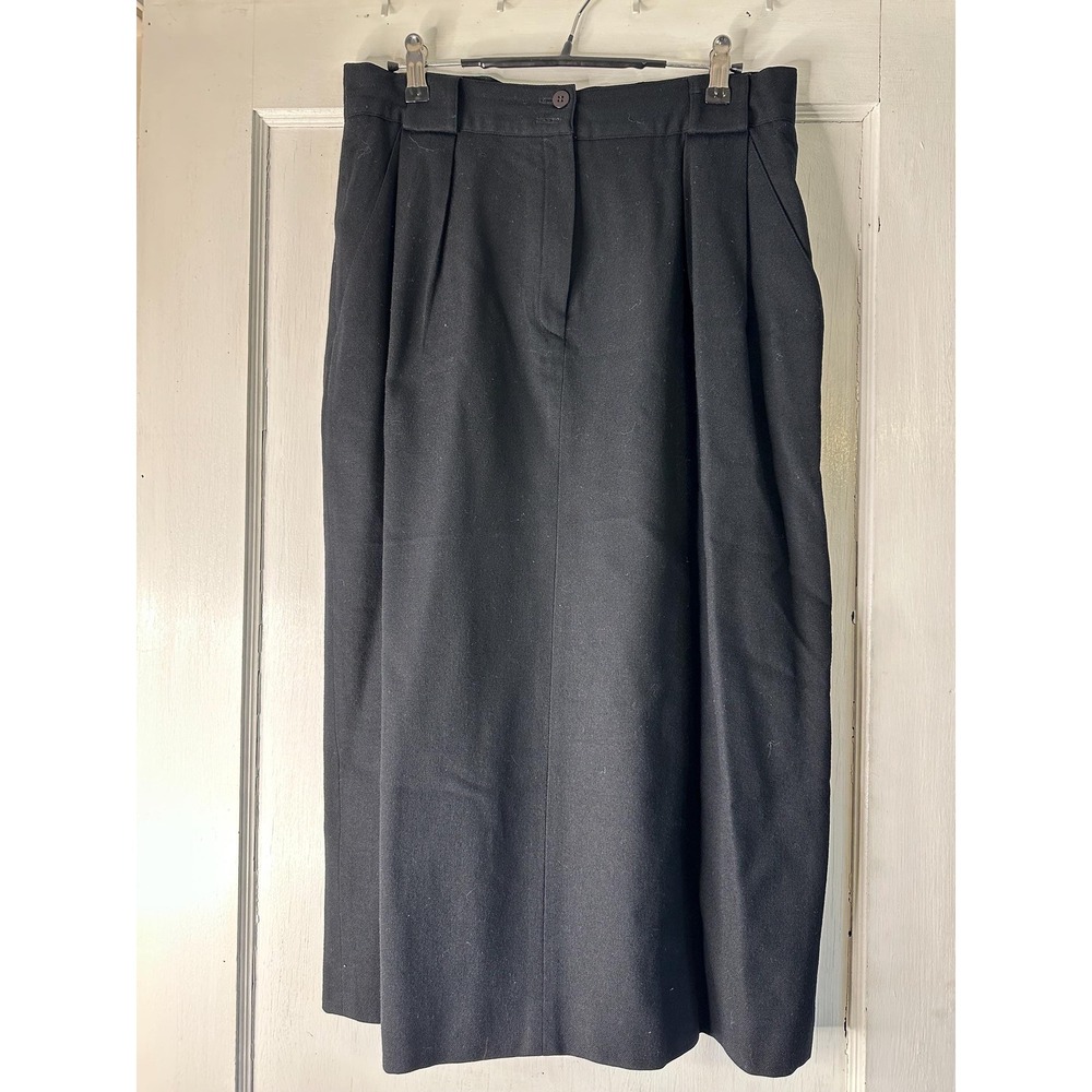 Vintage Jones New York Black Wool Skirt Size 14 Midi Pleated Back Slit Pockets